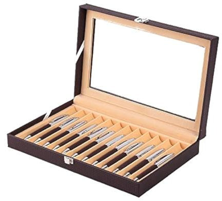 Maestrorelojero - Présentoir pour 12 stylos Plume, Verre, Bois, Cuir écologique et Microfibre | Porte-Stylo Noir