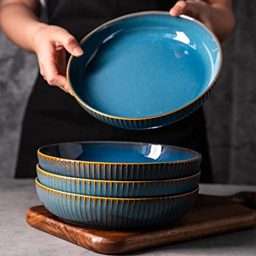 CSYY Pastaschüsseln, 1000 ml, 21,6 cm, Porzellan, große Servierschalen, hochwertige tiefe Speiseteller, runde Salatteller-Set für Suppe, Snacks, Nudeln, Obst, Dessert, Blau, 4 Stück