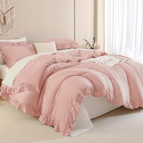 Andency Steppdecke mit Rüschen, Queen-Size-Bett, 3-teilig, rustikales Bauernhaus, Shabby-Chic-Stil, für alle Jahreszeiten, weiche Mikrofaser-Daunen-Alternativ-Bettwäsche-Set