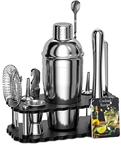 Bokhot Kit de barman 11 pièces Shaker à cocktail avec support Ensemble d'ustensiles de bar : shaker à martini de 708,7 g, doseur, pilon, pince à glace, passoire, bec verseur, cuillère,