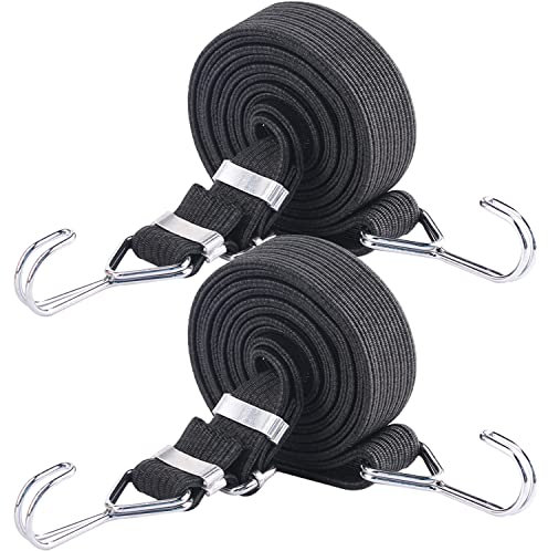 Adjustable Bungee Hooks Cord 2PCS 2M Black Xtra Long Flat Elasticity Rope, Large Heavy Duty Rubber Elastic Straps with Adjustment Metal Buckle for Fastening Luggage or Backpacks and Moving Cargo