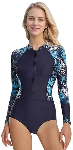 Maillot de Bain Une pièce imprimé à Manches Longues pour Femmes,Blue Pattern,XXL