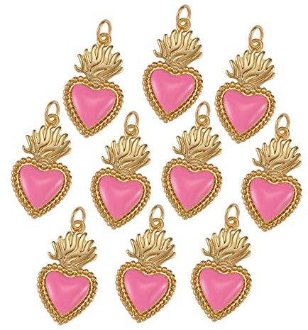 BEEFLYING 10 Pz Ciondolo ex Voto Sacro Cuore Smaltati in Metallo Placcato Oro Ciondoli Smaltati Pendenti con Risultati in Ottone per Gioielli Collana Bracciale Fare Forniture Artigianali,Rosa