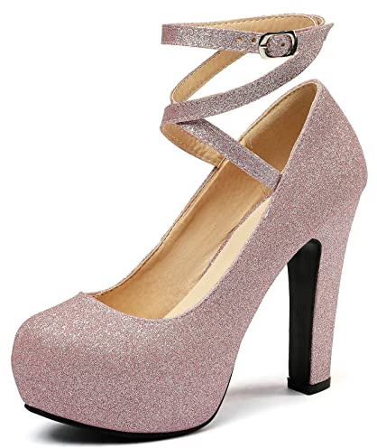 Lizoleor Bride Sposa Tacco Alto con Cinturino alla Caviglia Brillantini Plateau Scarpe Fibbia Eleganti Donna Tacco A Blocco Pump Festa Moda Rosa Numero 35 EU