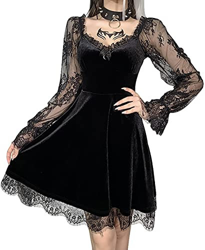 DINGJIUYAN Sexy Black V Neck Gothic Moon Print Mini Dress Women Grunge Dark Aesthetic Vintage Harajuku Long Sleeve Autumn Mini Dress