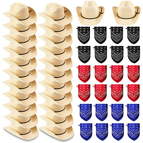 48 Stück StrohCowboyhüte mit bunten Bandanas Erwachsene Westernhüte mit Hutband Schwarz Rot Blau Bandanas Cowboy Kostüm Zubehör Partypaket für Damen Herren Westernthema Landhausstil Party
