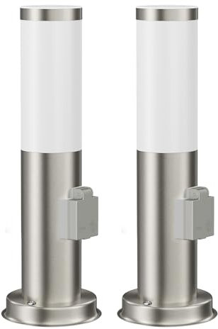 ledscom.de 2 Stück Pollerleuchte PORU mit Steckdose für außen, edelstahl, rund, 38,5cm, inkl. E27 Lampe, 471lm, extra-warmweiß