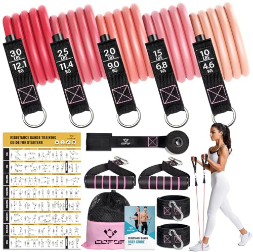 COFOF Juego de Bandas de Resistencia con Asas, Bandas de Ejercicio apilables hasta 68 kg, Bandas de Gimnasio con póster de Entrenamiento, Anclaje de Puerta y Correas de Tobillo para Fitness, Fuerza