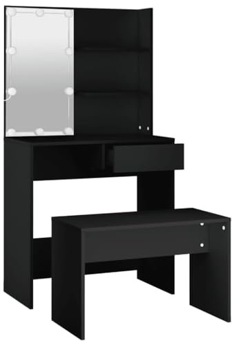 vidaXL Set Tavolo da Toeletta con LED Nero in Legno Multistrato, Set mobili Camera da Letto, Toilette con Sgabello, Toilette con luci
