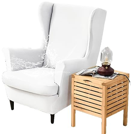 Fansu Funda de Sillón de Orejero Elástica, Impermeable Color sólido Relax Funda de Sofá con Funda de Cojín 2-Piezas, Fundas Protector de Butaca para Strandmon, Dormitorio Recepción (Blanco)