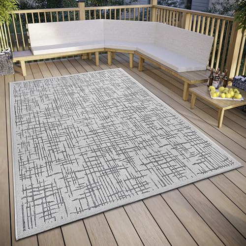 Hanse Home Telu In- & Outdoor Teppich Wetterfest – Modernes Muster, Wasserfest robuster Aussenteppich Flachgewebe für Garten, Balkon, Terrasse, Wohnzimmer – Beige Grau, 76x150cm