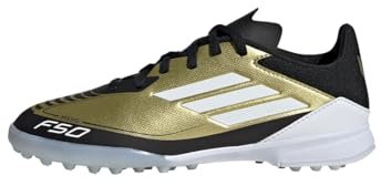 adidas F50 League Messi Football Boots Turf, Scarpe da Calcio Unisex-Adulto, Gold Metallic/Cloud White/Core Black, 38 EU