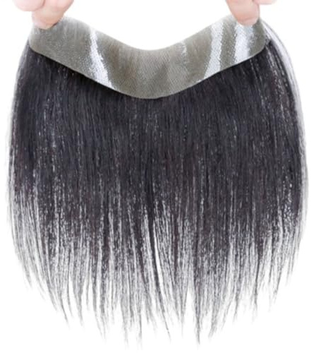 Frontal-Haarteil für Männer, natürliches schwarzes Stirn-Haaransatz-Toupet, reines Echthaar, V-Form, Herren-Topper-Haarsysteme für Haarausfall(Black,4 * 16cm)