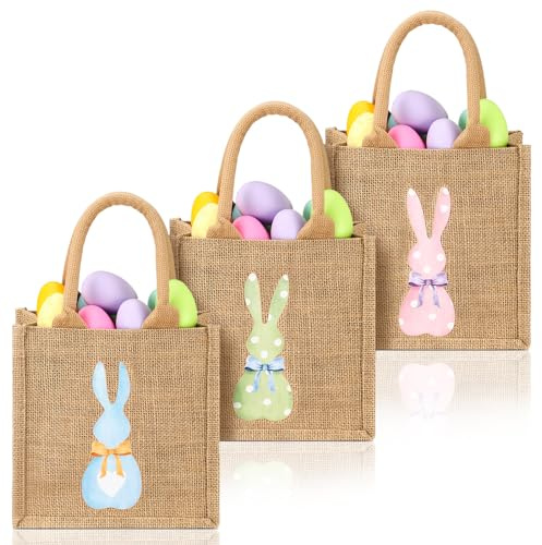 SilTriangle 3 x Osterhasenbeutel, Jute-Osterkörbe, Frühlingseiersuche, Süßigkeiten-Geschenkkörbe, Jute-Tragetasche für Ostern, Kinder, Jungen, Mädchen, Eier, Süßigkeiten, Jagd, Tragen für den