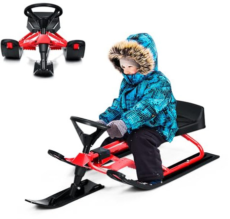 KOMFOTTEU Lenkschlitten Kinder, Schlitten aus Metall, Kinderschlitten mit 2 Fußbremsen & Lenkrad & Zugseil, Snowbob Lenkbob Snowracer bis 75kg, Rennrodel 112x50x40 cm
