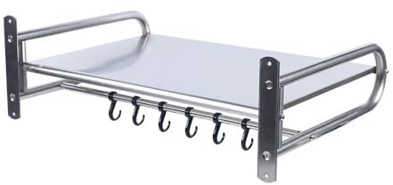 WDRENTOOL TRIEBAN Microwave Shelf Stainless Steel Microwave Shelf Wall Mounted Kitchen Shelf with 6 Hooks for Kitchen Knife Spoon Pan Microwave Holder Shelf Grill Oven 53 x 38 x 18 cm