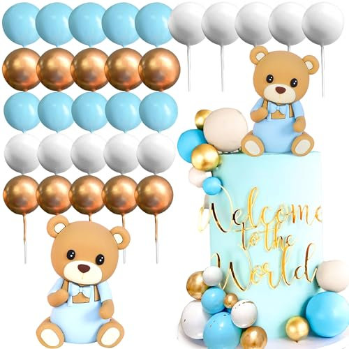 LaVenty 31 Stück Blau Teddybär Tortendeko für Taufe Junge 1 Jahr Kuchen Dekoration Hochzeit Babyshower Geburtstag Party