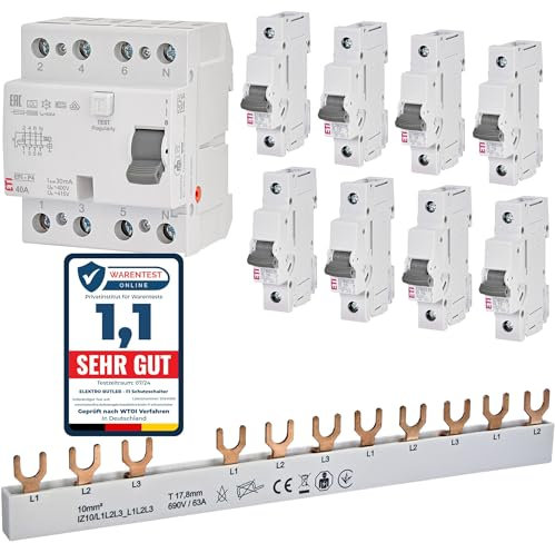 Elektroinstallation Profi-Set - 1 x FI Schutzschalter 40A 30mA 4-polig + 8 x Sicherungsautomat 16A 1-polig + 1 x Phasenschiene 3-polig 10mm² 63A