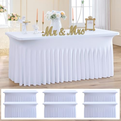6-Pack Weiß Spandex Tischdecke für 180cm Rechteck Tische, Faltenfreie Stretch Tischdecke mit Rock für Bankett Party Hochzeit Geburtstag Meeting Display Dekoration Tischdecken