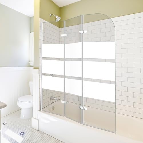 Jiubiaz Duschwand für Badewanne 120x140cm, 3-teilig faltbare Glas Duschwand, 6mm EGS Sicherheitsstreifen Badewanne Bildschirm, duschkabine Zubehör, weißer Streifen
