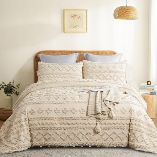 Tospass Housse de Couette Bohème Style 140x200cm Beige Tuftée Broderie Parure de lit Boho Ado Fille avec Fermeture Éclair Parure Housse Couette en Microfibre avec 1 Taie d'oreiller 65x65cm