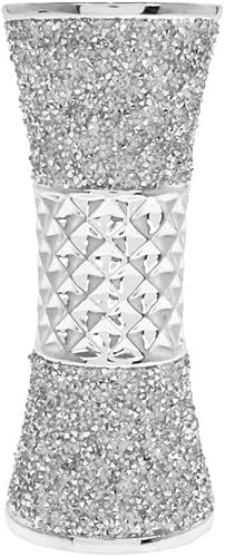 Silver Sparkle Flower Vase with Crushed Diamante Bling – 19cm Textured Ceramic Mosaic Glitter Ornament – Luxury Crystal Effect Home Decoration