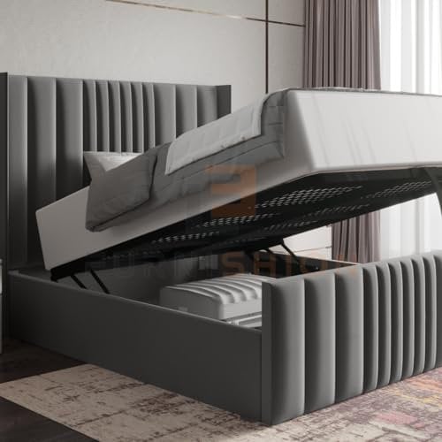 Furnishion King Size Bed Frame with Storage - Grey Velvet Ottoman Bed King Size - Panel Storage Bed and Mattress Included - 48inch High Headboard