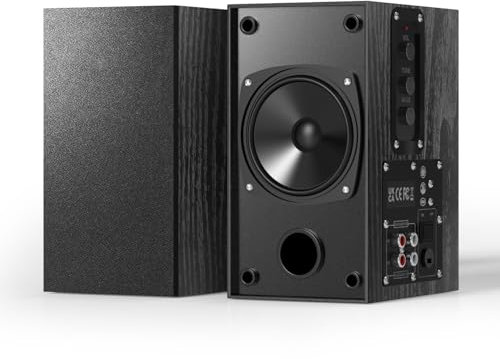Elimavi Altoparlante da scaffale attivo, altoparlante per computer con woofer da 4, altoparlante da 3,5 mm su RCA Aux per giradischi, struttura in legno, può essere montato a parete