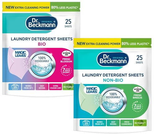 Dr. Beckmann Magic Leaves Detergent Sheets | 2 Pack | 25 Sheets Each, Bio & Non-Bio, Fresh Scent, Eco-Friendly with 80% Less Plastic | Customise for More Options