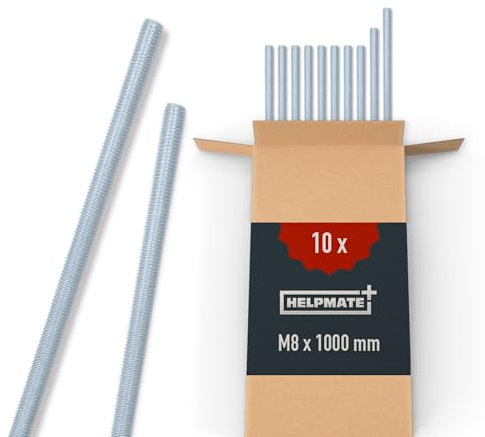 HELPMATE Asta filettata M8 x 1000 mm in acciaio zincato - 10 pezzi barra filettata con filettatura metrica - Perni filettati con classe di resistenza 4.8, DIN 976