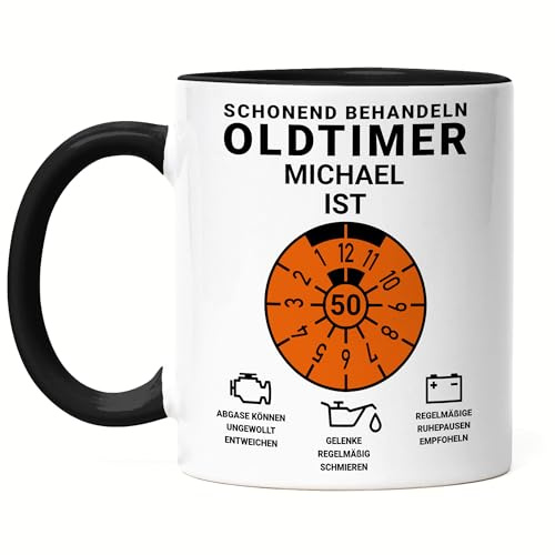 Kiddle-Design Personalisierte Tasse 50. Geburtstag, Schonend behandeln Oldtimer ist 50, 50ter Geburtstag Lustiges Geschenk Mann Frau, Tasse Schwarz