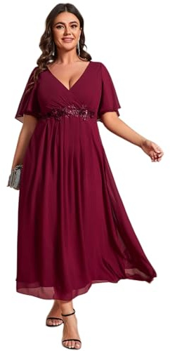 Ever-Pretty Plus Size Women's Breathable Wedding Guest Dress Short Cap Sleeves with Delicate Applique Elegant Mother of The Bride Outfits Burgundy 20UK