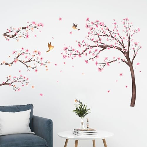 APOMOONS Stickers Muraux Grand Branche de Fleurs Decoration Chambre Autocollant Mural Autocollants Cerisier Floral Branche Arbre Oiseaux Décoration Murale Salon Mur TV Rose