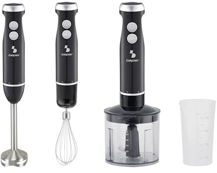 BEPER P102FRU151 Batidora de inmersión 4 en 1, batidora multifunción con picadora de 500 ml, varillas, vaso de 700 ml, 4 cuchillas de acero inoxidable, licuadora turbo y de pulso, 1000 W
