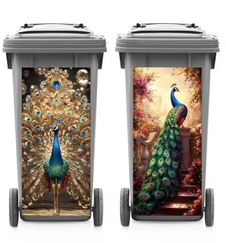 ANATTASOUL 2 Sheets Wheelie Bin Stickers Decorative Peacock and Flower Waterproof Dustbin Decor, 14.9x 32.2 Adhesive Large Decal for Bins, Fridge, Wall Outdoor, Indoor Decoration