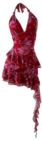 Verdusa Women's Summer Y2k Halter Mini Dress Mesh Backless Floral Ruffle Wedding Guest Dresses Red Large