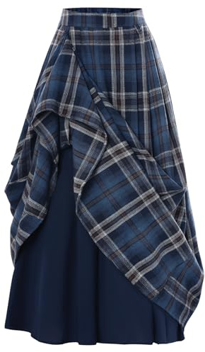 Plaid Skirts for Women High Waist Layered Long Skirt Blue Coffee Plaid L | Cotton, Lined, Pockets, Two Ways Wearing, Vintage Plaid, High Waist A-Line, Victorian, Ren Faire, Cosplay, Casual, Fall