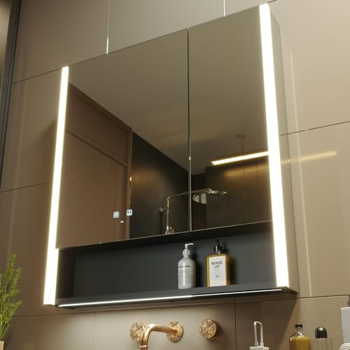 KWW 80 x 85 cm Großer LED-Badezimmerschrank aus Aluminium mit Spiegel | Lichtsteuerung, Anti-Beschlag, Steckdosen und USB, Viel Stauraum, Einfache Montage