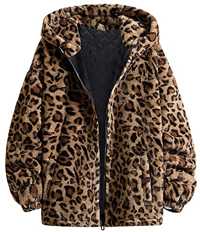 Duohropke Damen Leoparden Mantel Teddy Plush Parka Kunstpelz Mit Tasche Fuzzy Warm Coat Herbst Winter Langarm Winterjacke Frauen Übergroße Outwear Casual Faux Fur Jacke Leo Oversize
