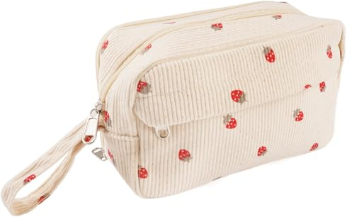 Federmäppchen Mäppchen Cord-Stoff MäDchen, 22×14×9cm Erdbeer Muster Bleistift Tasche, Federmäppchen mit Großer Kapazität, Cordstoff Pencil Case für Arbeit, Schule, Reisen, Partys, Geschäftsreisen