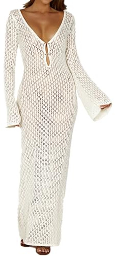 Women Crochet Cover up Sexy Deep V Neck Long Sleeve Knit Maxi Dress Backless Hollow out Swimsuit Bikini Cover Ups for Beach Vacation
