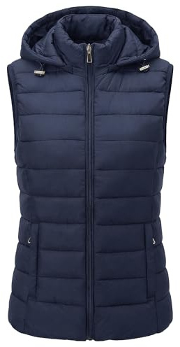 Gilet Donna in Piumino Smanicato Trapuntato - Cappuccio Rimovibile, Zip Frontale e Tasche Funzionali - Giubbotto Imbottito Leggero per Mezze Stagioni (IT, Testo, S, Regular, Regular, BLU-2)