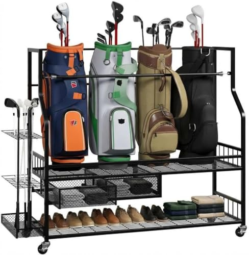GarveeLife Golf Bags Storage Organizer for 4/5 Bags-Extra Large Garage Golf Bags Storage Rack with Wheels, Golfs Club Equipment Organisers
