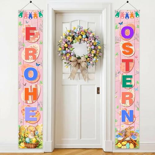 Tasoraor Frohe Ostern Banner Deko - Easter Party Hängende Dekoration Rosa Türbanner 180 x 30 cm, Stoff Tür Dekorationen Partybanner für Osterfeier Drinnen Draußen
