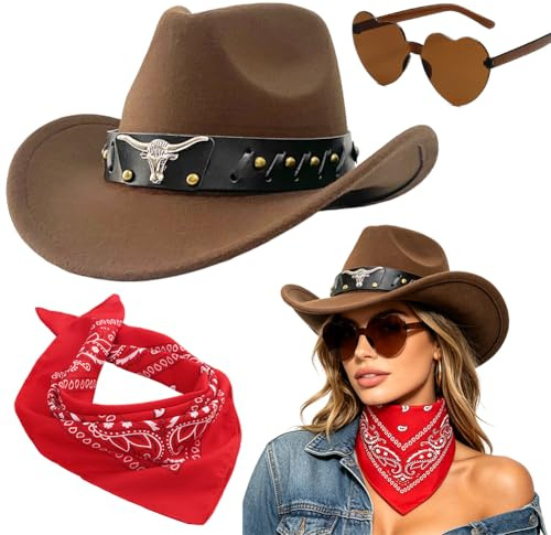 VorPrillynt Cowboyhut Hut Set 3 Stück Western Cowboy Outfits Cowboyhut Unisex Set Cowgirl Accessoires mit Sonnenbrille und Kopftuch für Karneval Maskeraden Mottoparty Halloween 8