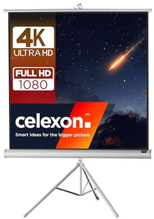 celexon Economy White Tripod screen white 90 | 158x158 cm 1:1 | Mobile, 4K, full HD projector screen with manual roller extension for home cinema, office & outdoor use | incl. stand + carrying handle