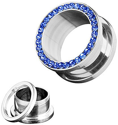 Piercingfaktor Flesh Schraub Tunnel Ohr Plug Ear Piercing Edelstahl Zirkonia Kristall Strass Steinchen Schraubverschluss 6mm Blau