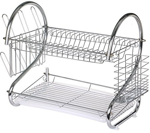 TRIXES Séchoir Égouttoir Chromé de Cuisine à 2 Niveaux Assiettes Plats Bols Tasses Couverts