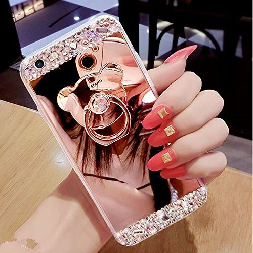 HMTECH iPhone 8/7 Plus Case Glitter Bling Diamond Plating Mirror Makeup Diamond Stand Holder Kickstand Soft TPU Silicone Bumper Case for iPhone 8/7 Plus 5.5 Inch,Rose Gold Bear Mirror TPU