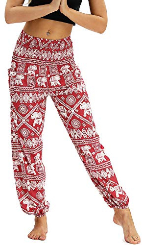 Nuofengkudu Femme Harem Pantalon Sarouel Thaïlandais Hippie Baggy Léger Boho Ethnique Smockée Taille Haute avec Poches Yoga Pants Été Plage ,Rouge Éléphant B,Taille unique